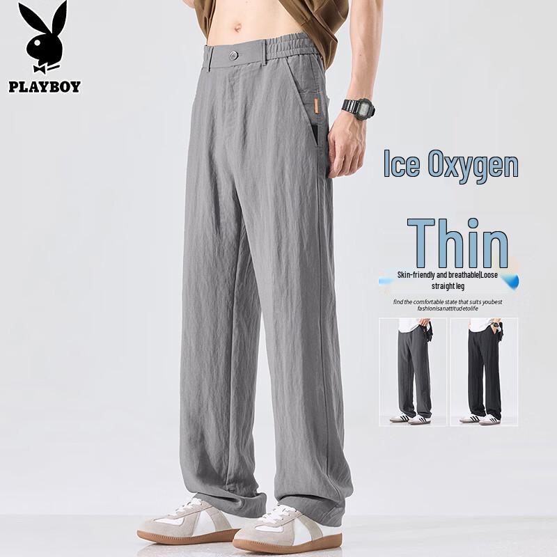 PLAYBOY Men s Summer Loose Straight Ice Silk Linen Pants 33