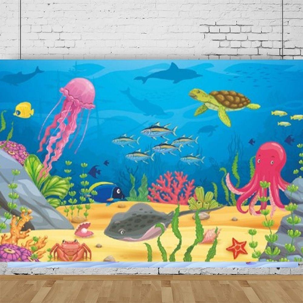 Cartoon Sommer Meeres Fotografie Hintergrund Polyester Quallen Schildkröte Party Hängendes Banner Feiern Tierparty Hintergrund