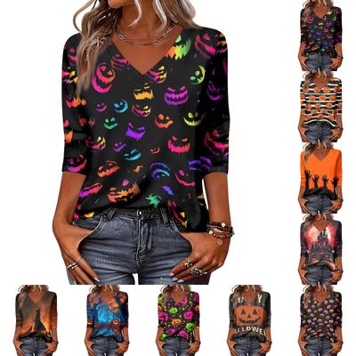 Women's Casual Halloween Printed V Neck Top with Three Quarter Sleeves Relaxed Fit Comfortable Fabric Design