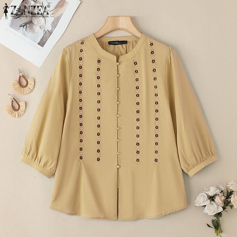 

ZANZEA Women Casual Round Neck 3/4 Sleeve Loose Embroidery Blouse