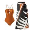 Charming Halter Neck Beaded Decor Hollow Out Bikini Swimsuit With Slit Skirt For Beach