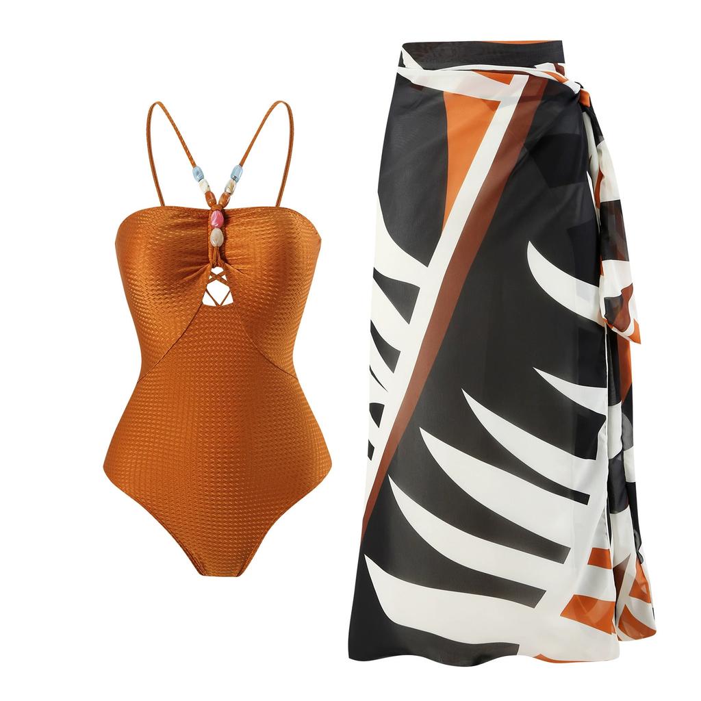 Charming Halter Neck Beaded Decor Hollow Out Bikini Swimsuit With Slit Skirt For Beach