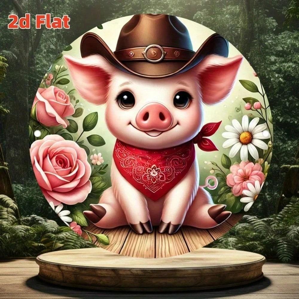 Retro Cowboy Pig Aluminum Metal Wall Art for Country Farmhouse Home Decor Vintage Animal Sign