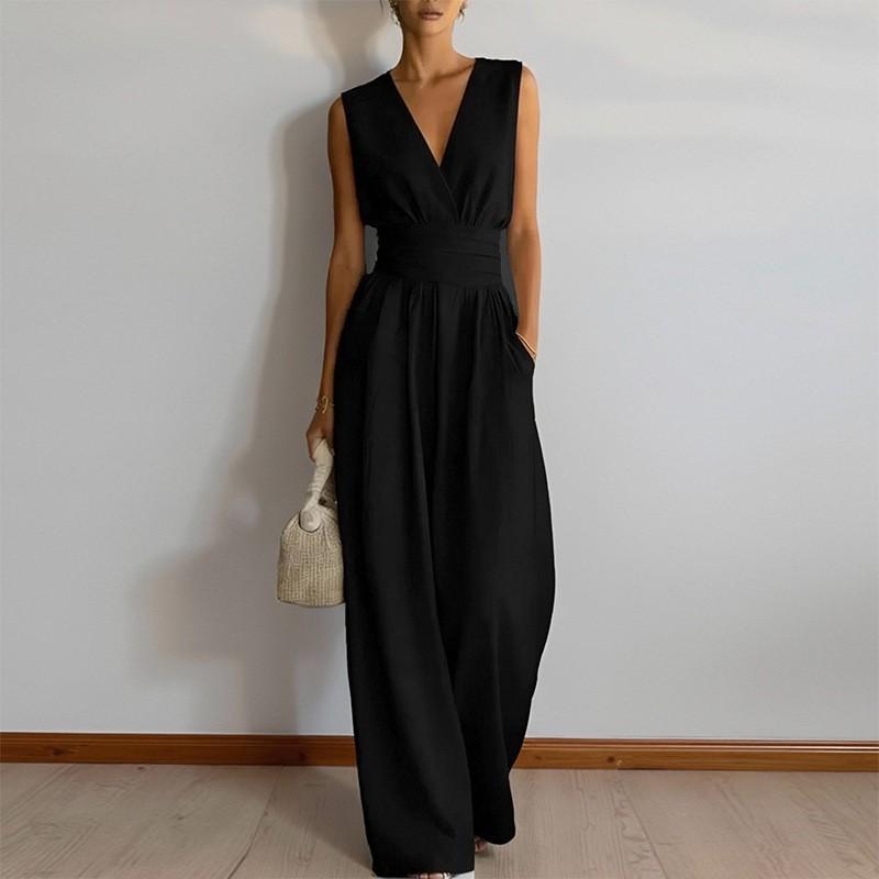 2026 Womens Sleeveless Solid Color High-Waist Wide-Leg Jumpsuit Elegant Casual Office Wear