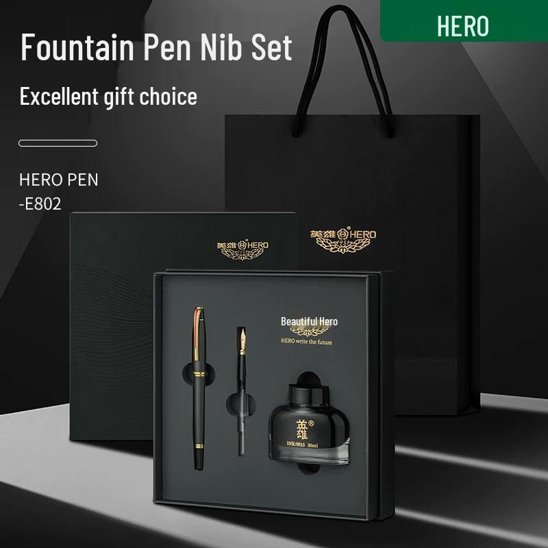 Hero E802 Оригинальная перьевая ручка с иридиевым золотым пером Подарочный набор для взрослых 0.5mm