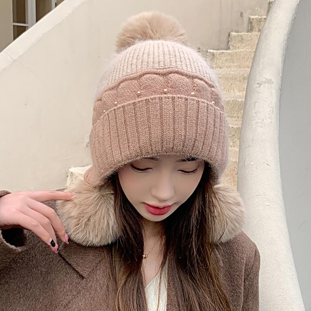 Windproof Plush Beanie Hat Solid Color Ear Protection Hat Fashion Woolen Knitted Cap Girl