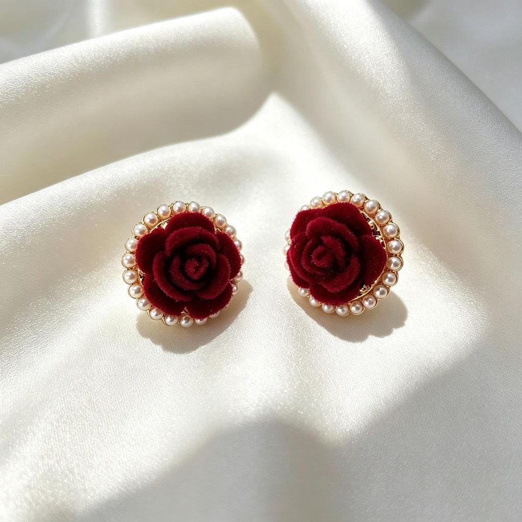Ankara Red Flower Bead Stud Earrings for Women, Versatile Daily Temperament Unique Earrings, Korean Simple New Ear Accessory