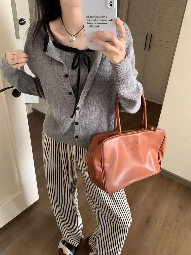 Korean Style Autumn Two-Piece Set: Color Block Cardigan & Tie-Up Camisole Vest