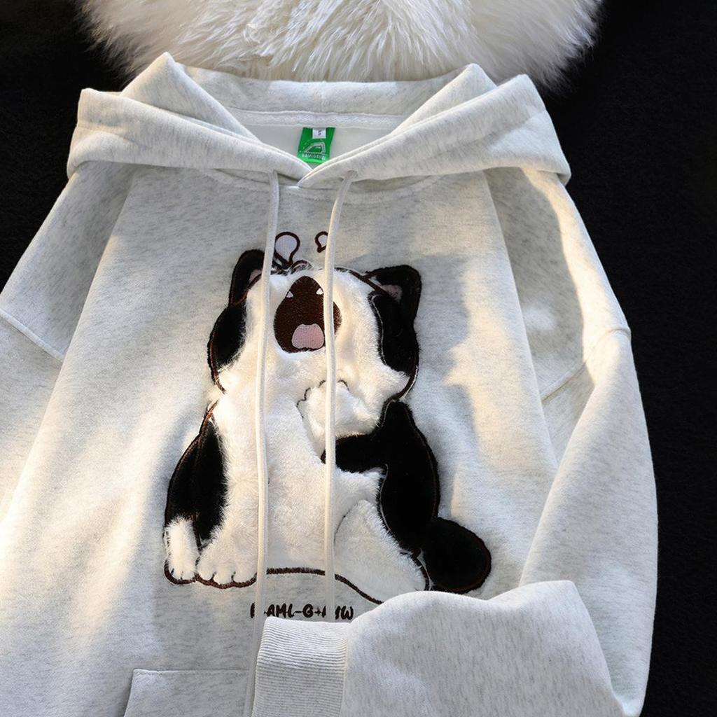 Japanese Retro Cute Flocked Kitten Hooded Sweater for Men and Women New Loose American Brand Couple Coat