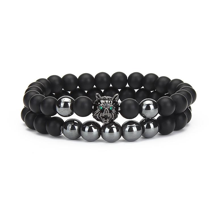 Micro Pave Wolf Head Zircon Bracelet Set, Frosted Matte Stone Beaded Bracelets