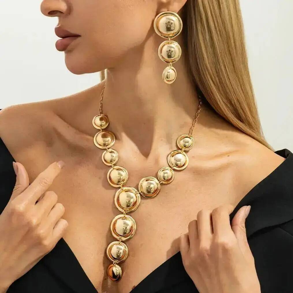 KunJoe Luxury Glossy Round Pendant Necklace Drop Earrings Jewelry Set for Women Elegant Sexy Y-Shaped Long Chain Necklace Gifts