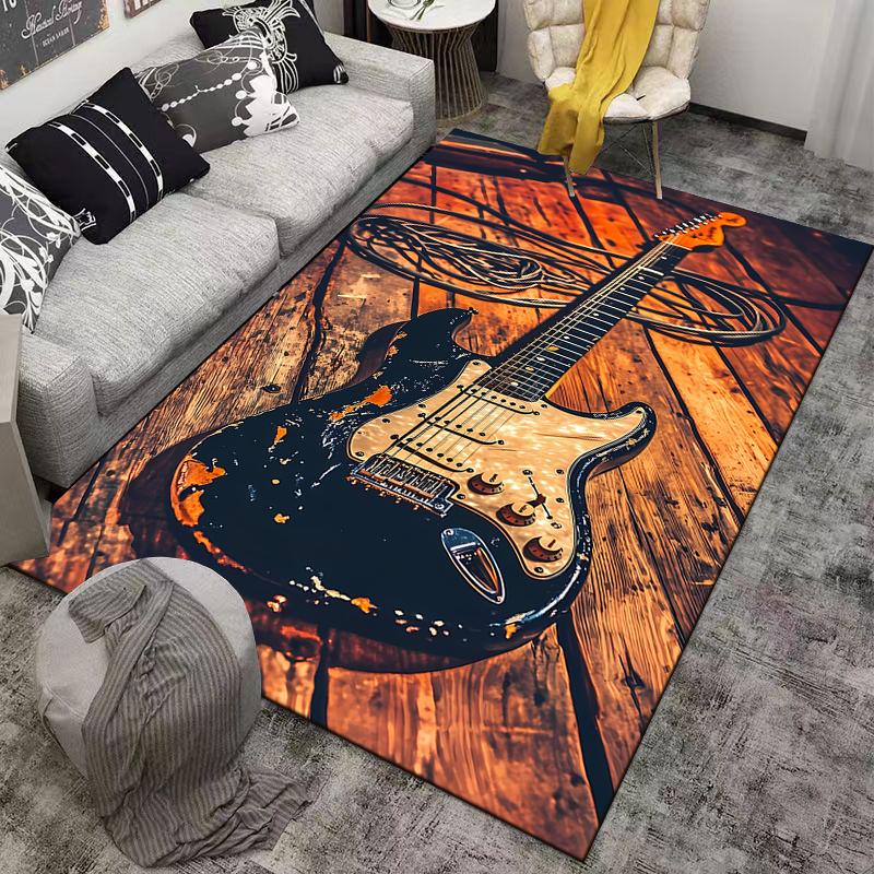 Electric Guitar Art Print Carpet with Rustic Wooden Background Design Suitable for Use As an Anti-slip for Living Room Bedroom Sofas