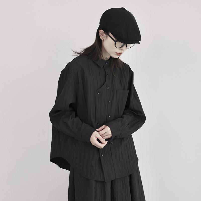 

Johnature Fall Casual Fashion Irregular Button Texture Pit Design Shirt Women Simple Embossed Loose Shirts One Size чёрный