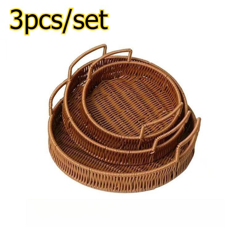 

3pcs/set Plastic Faux Rattan Storage Baskets Desktop Woven Trays for Snacks Dried Fruits and Fruits Organizer Baskets коричневый