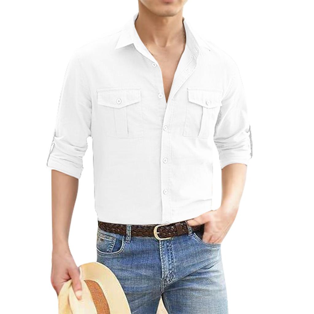Shirt Double Pocket Cotton Linen Long Sleeve Men's Casual Holiday Shirt