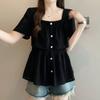 Women's Waist Cinched Short Sleeved T-shirt Square Collar Hollowed Out Design Tops Korean Minimalist Lady Clothing