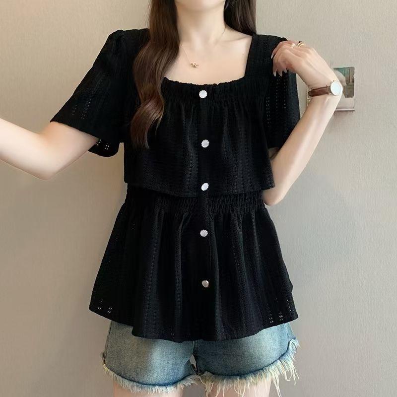 Women's Waist Cinched Short Sleeved T-shirt Square Collar Hollowed Out Design Tops Korean Minimalist Lady Clothing