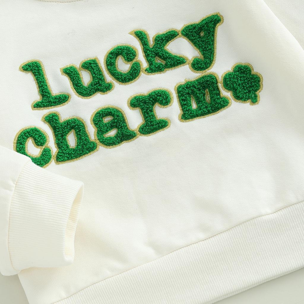 Kinder Gir Irischer Tag Outfit Buchstabenstickerei Langarm Sweatshirt und Klee Mesh Tüllrock Stirnband Set