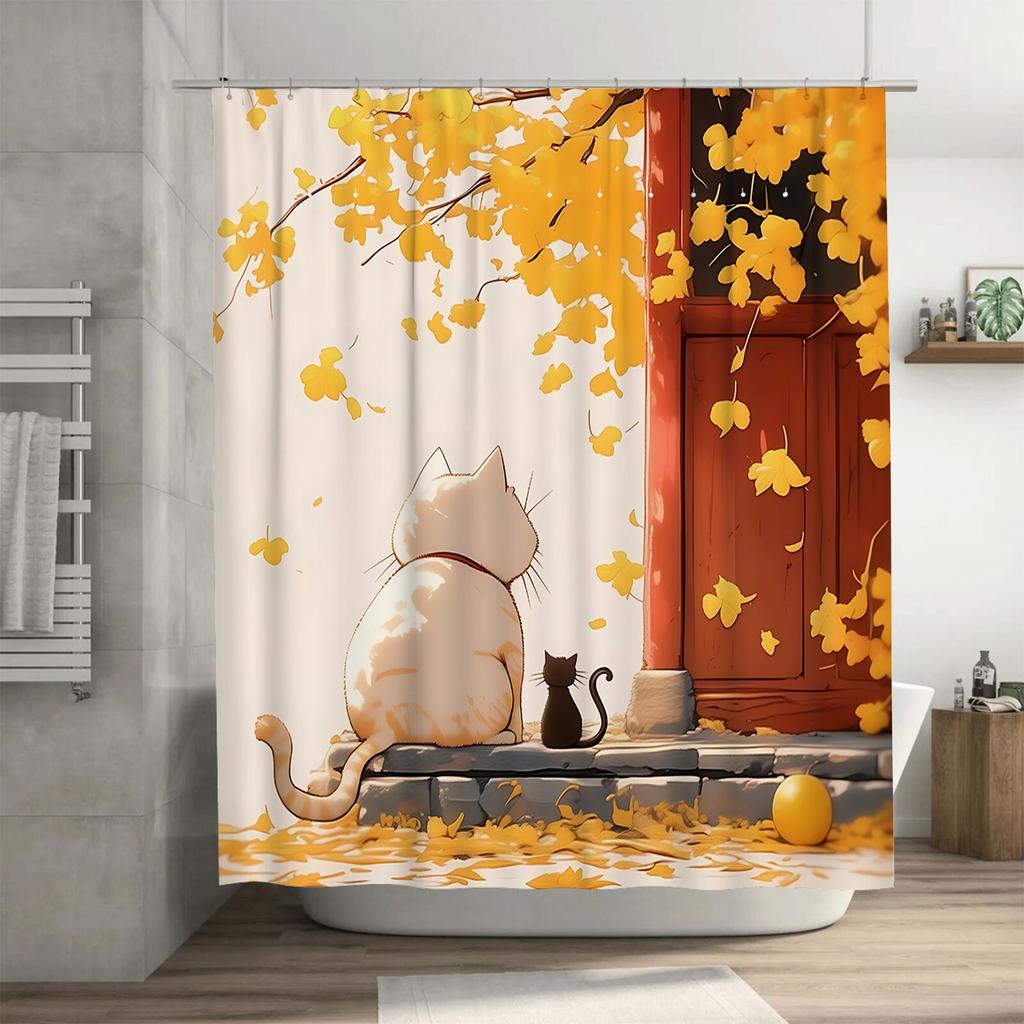 Autumnal Charm Shower Curtain Featuring A Cat And Kitten Amidst Falling Leaves And Warm Colors For Bathroom Decor Easy-Clean