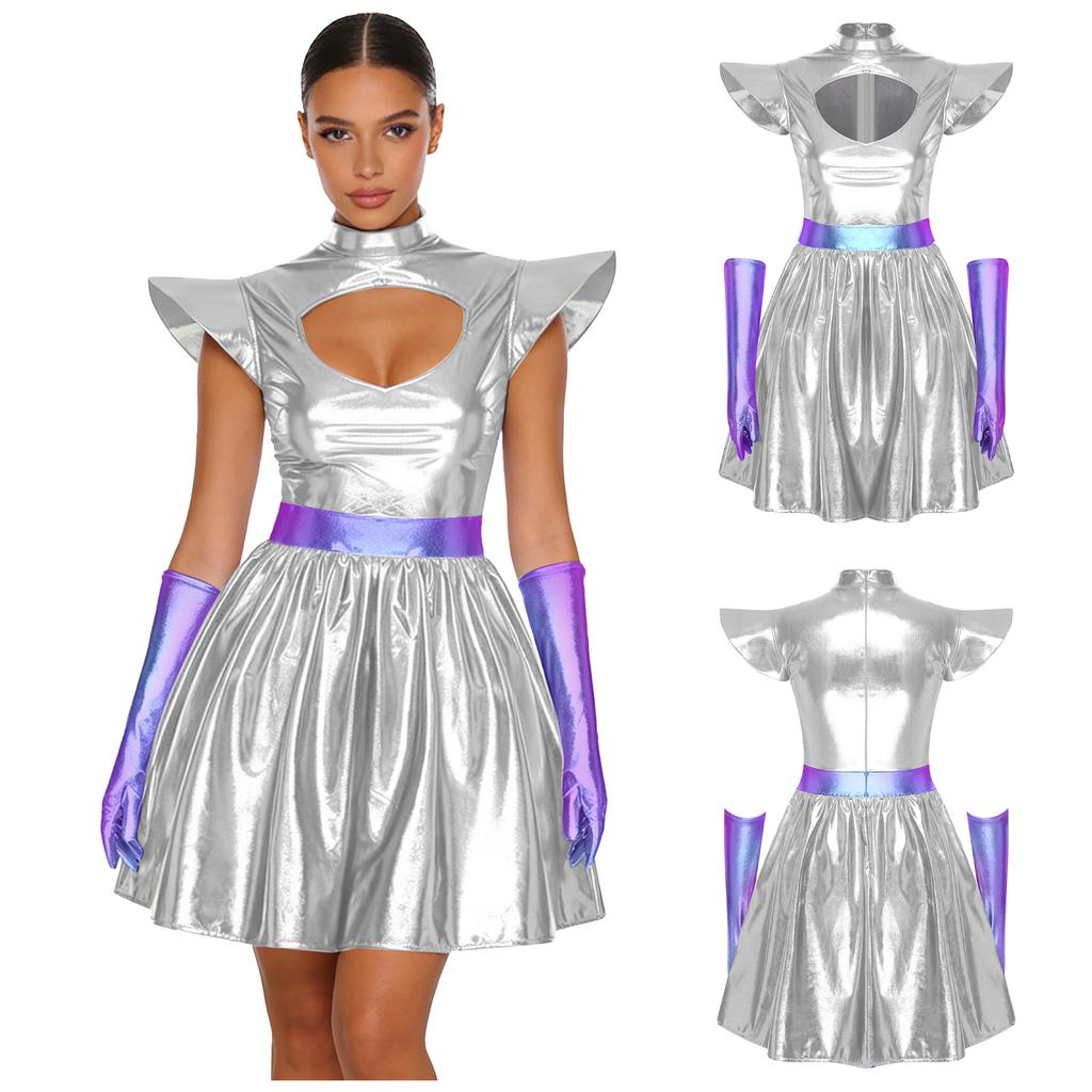 S-3XL Dames Buitenaards Cosplay Kostuum Metaalachtig Glanzende Jurk, Uitgesneden Hals & Gestructureerde Schouderstukken met Handschoenen voor Ruimte Themafeest