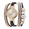 Women Rhinestone Bead Round Dial Snap Button Multi Layer Bracelet Quartz Watch