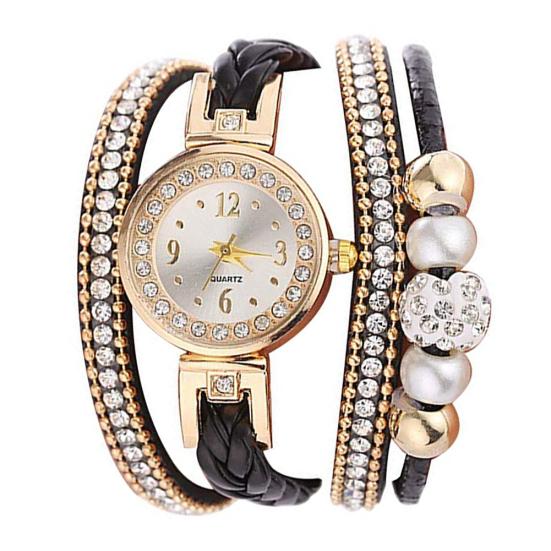 Women Rhinestone Bead Round Dial Snap Button Multi Layer Bracelet Quartz Watch