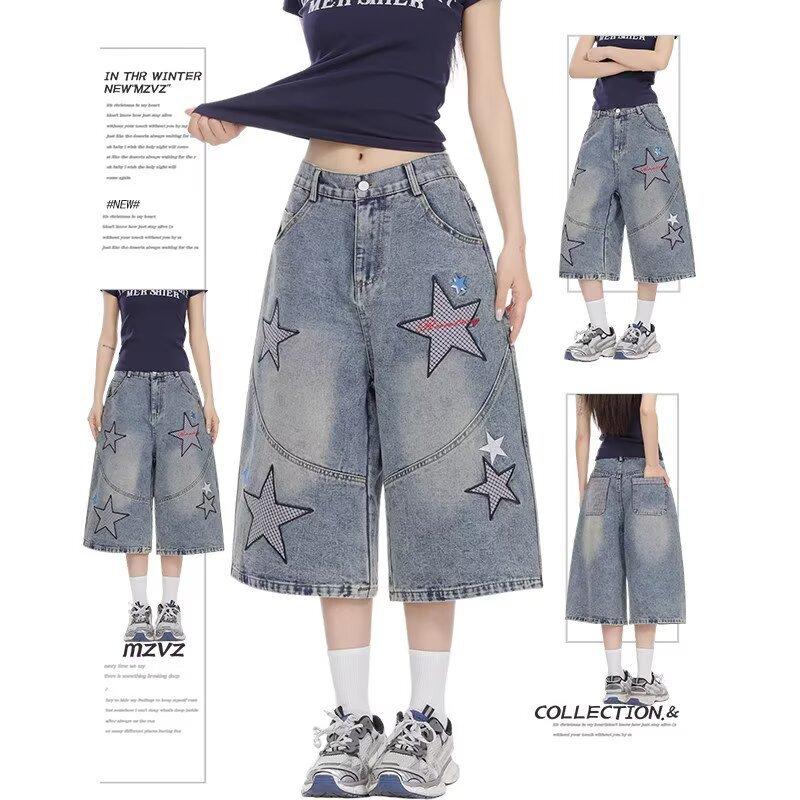 American retro star printed denim shorts men's spring and summer new trendy brand old washed loose wide-leg cropped pants