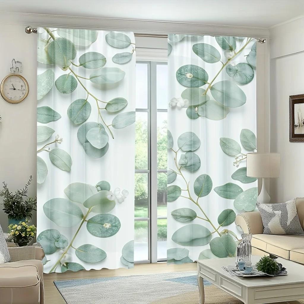 Set Of 2 Eucalyptus Leaves Print Curtain Polyester Window Drapes Living Room Bedroom Home Decor Curtains Made Sitting Treatment