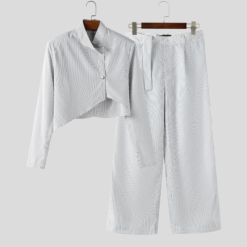 

INCERUN Men Outfits Stand Neck Striped Long Sleeve Crop Tops Zip-Up High Waist Long Pants Sets S чёрный