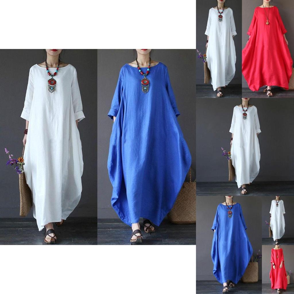 Chic Women Boho Cotton Linen Loose Long Sleeve Maxi Beach Blouse Casual Dress With Timeless Design