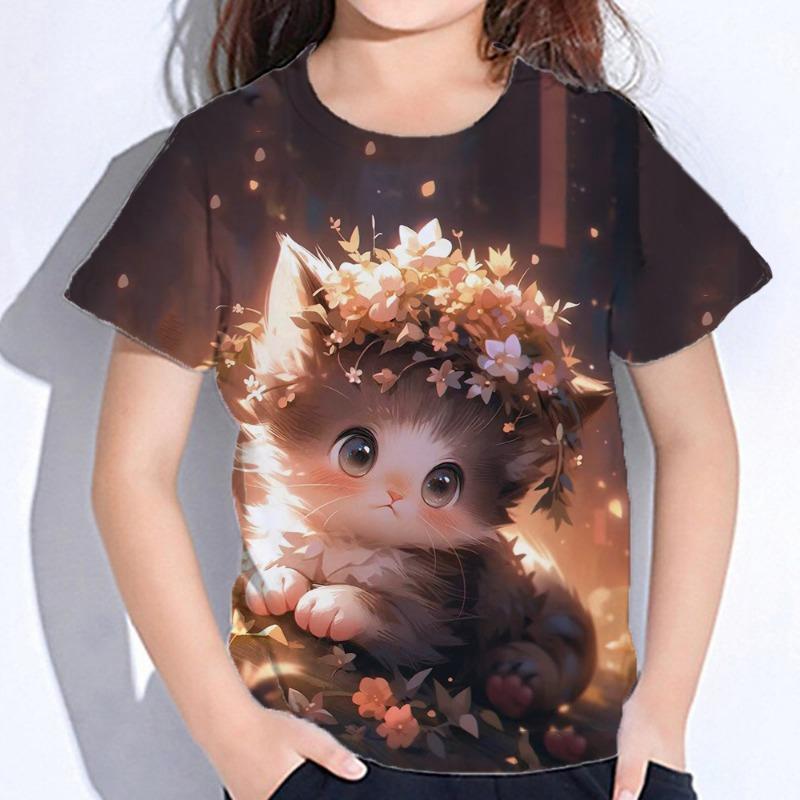 Dívčí oblečení Roztomilé tričko s potiskem kočky Krátký rukáv Dívčí tričko Letní dětské oblečení Tričko s kulatým výstřihem Top Trička Módní dětské tričko