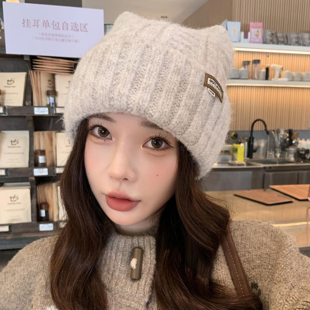 Women's Hat Cat Ear Knitted Hat Autumn Winter Beanie, Cute Letter Tag, Warm Student Style