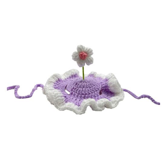 

Crochet Flower Cat Hat Handmade Scalloped Pet Hat with Flower Ear Holes Cute Flower Hat for Small Medium Dogs Cats Party Photo Props