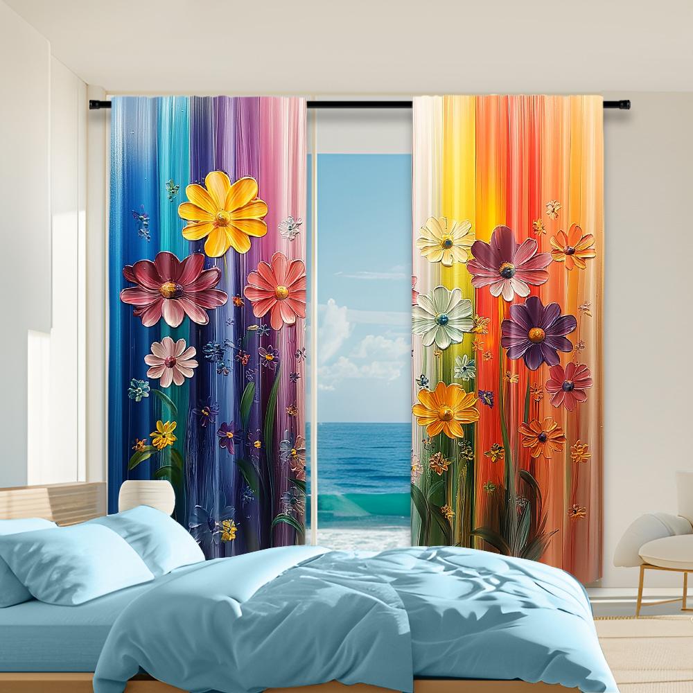 

2Pcs Artistic Floral Printed Window Curtains Polyester Material Rod Pocket Design Drapes For Bedroom Living Room Office 100*130 Rod Pocket 1pcs