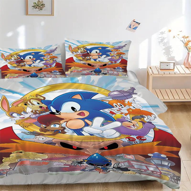 3pcs Sonic the Hedgehog Quilt Cover Set - Soft and Cozy Bedroom, Guest Room and Dorm Decorative Bedding 3-Piece Set 1 Quilt Cover + 2 Pillow Sham