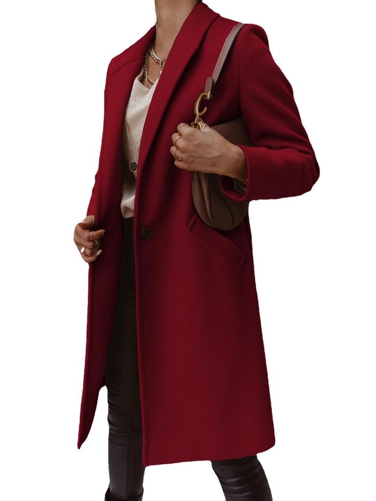2024 Women's Autumn/Winter Solid Color Wool Lapel Mid-Length Button Coat