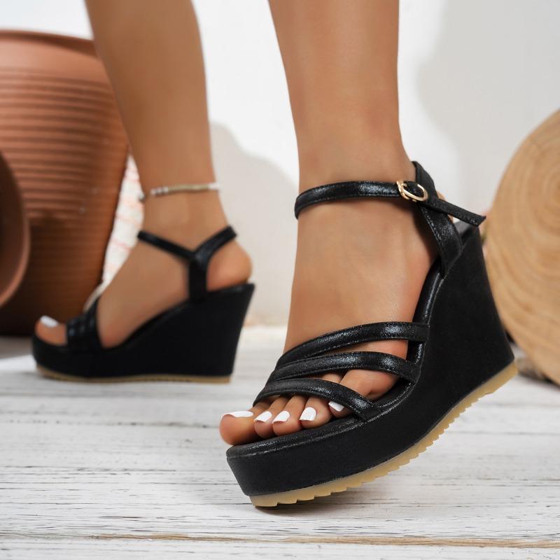 Cross-border Foreign Trade Summer New Fashion Commuter Heightening One Line Buckle Sandals Women's Comfortable Wedge Sandals