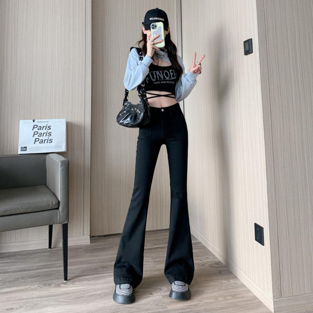 Fashion micro-pull jeans women's 2025 niche design sense high waist slim versatile horn pants
