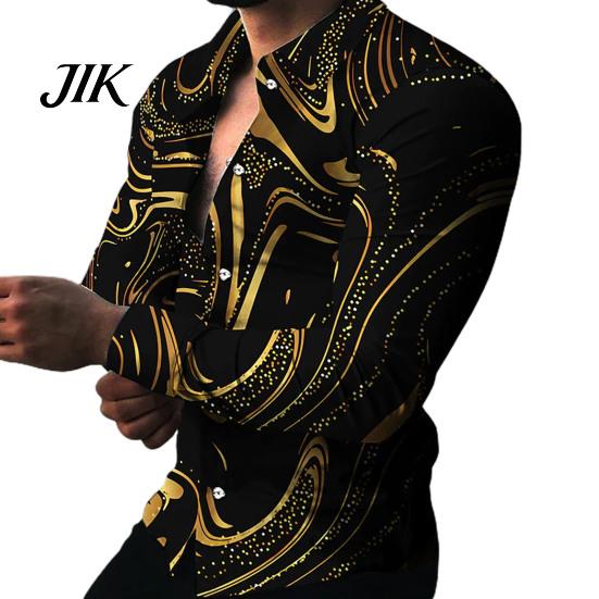 Men Top Shirt Long Sleeve Turn-down Collar Colorful Print Single-breasted Summer Clubwear 3XL золотистый