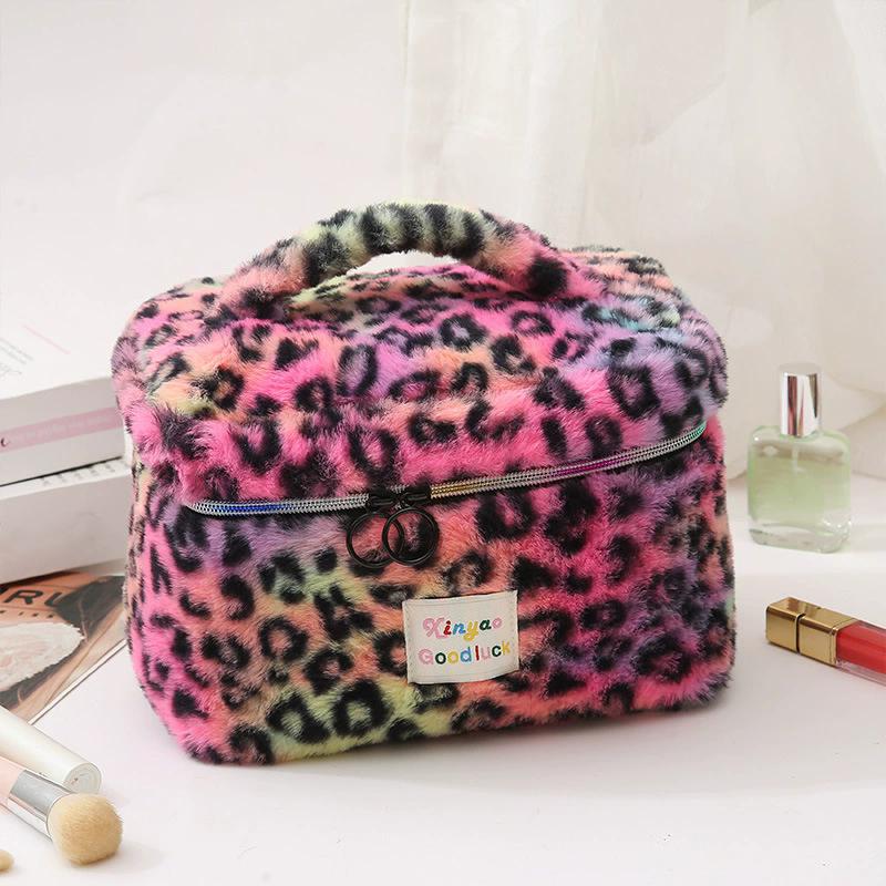 

WTEMPO Autumn Winter Soft Plush Makeup Bags Leopard Printed Large Capacity Portable Storage Bags Outdoor Travel Cosmetics Double Zipper Bags 1pc рожевий