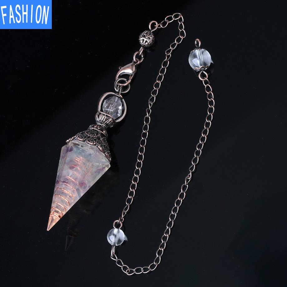 Colorful Crystal Pendulum Bronze Fashion Natural Gravel Resin Spring Hexagonal Cone Pendant