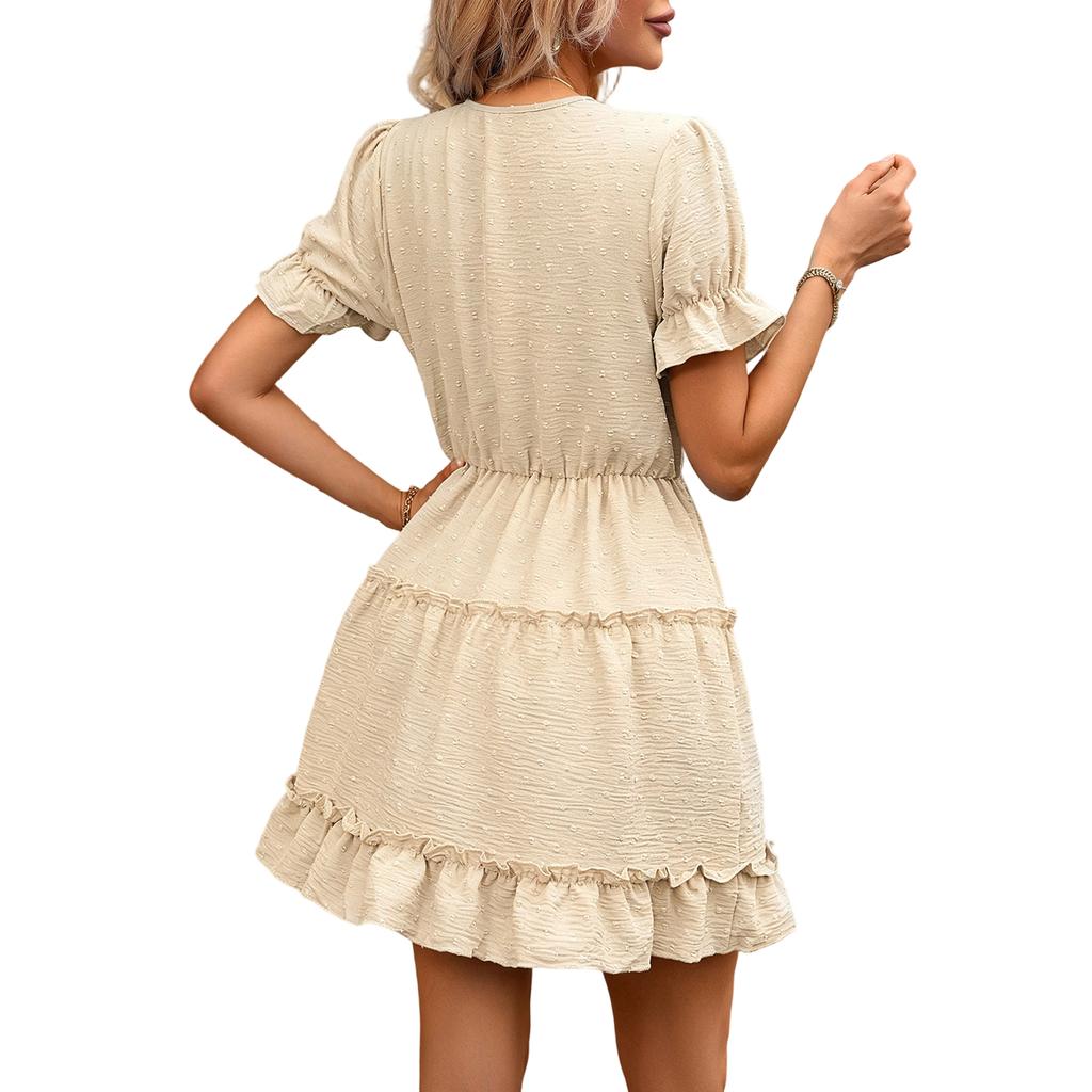 Women’s Summer Casual Short Sleeve Dress with Tie Waist Ruffled Hem V Neck Design Lightweight Fabric Elegant Style