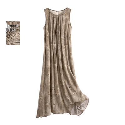 New Chinese Style Printed Sleeveless Midi Dress