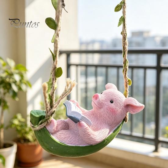 Durable Outdoor Decoration Hanging Resin Pig Figurine, Cute Piggy Lying in Hammock Reading Waterproof Ornament Book Ornament, Animal Sculpture