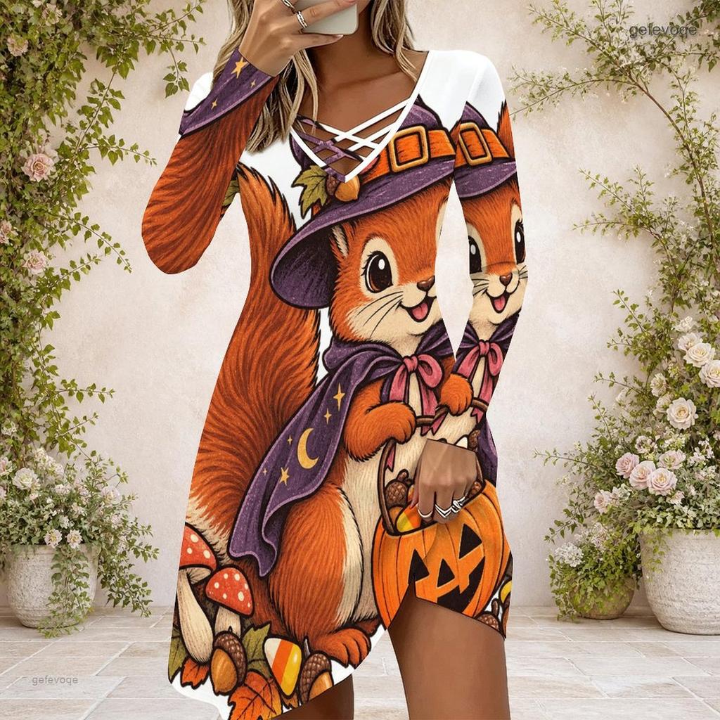 Women Multicolor Printed Criss Cross V Neck Long Sleeve Fitted Curved Hem Dress