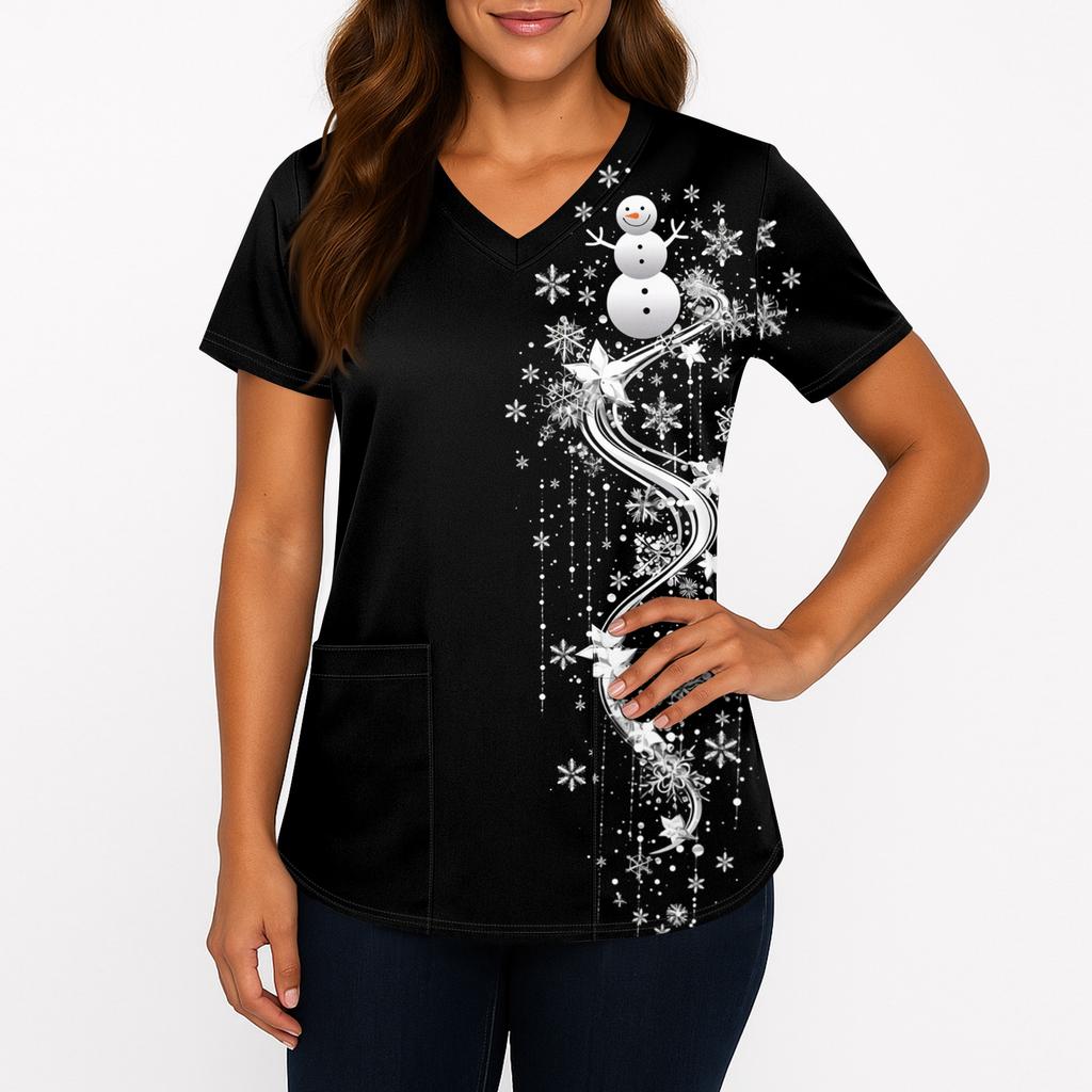 Women's Printing Uniform Work Uniform V-neck Pockets Basic Short Sleeve Pullover Top
