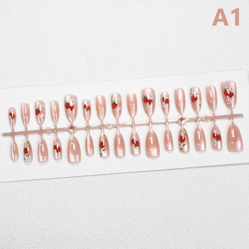 30Pcs Cat Eye False Nails Wearing Armor Wearable Watermelon Strawberry Fake Nails Simple Artificial Press On Nails Tips Nail Art