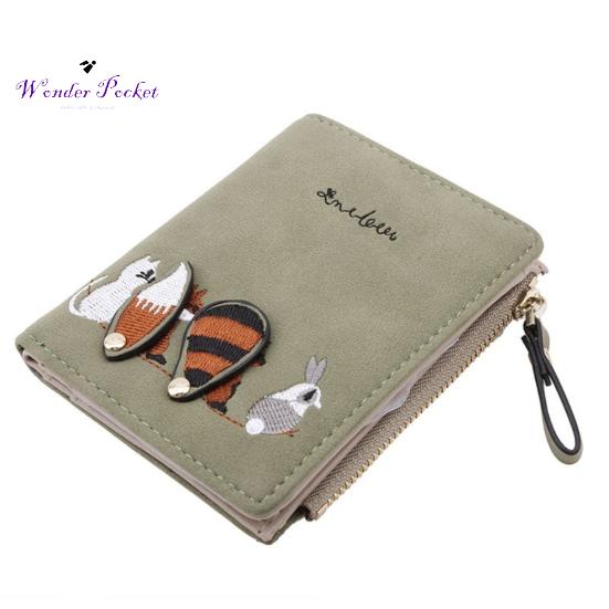 

Женский кошелек с вышивкой на молнии с изображением лисы и кролика, складной короткий кошелек зелёный