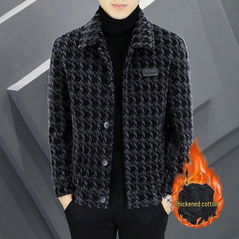 

Мужская шерстяная клетчатая куртка с флисовой подкладкой Осень/Зима 2025 - Толстое, модное короткое пальто 3XL темно-серого