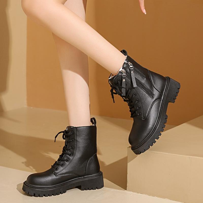 Women Platform Boots Short Plush Solid Color Lace Up Side Zipper Ankle Boots Winter Women Shoes 2026 Large Size 42 Ladies' Shoes